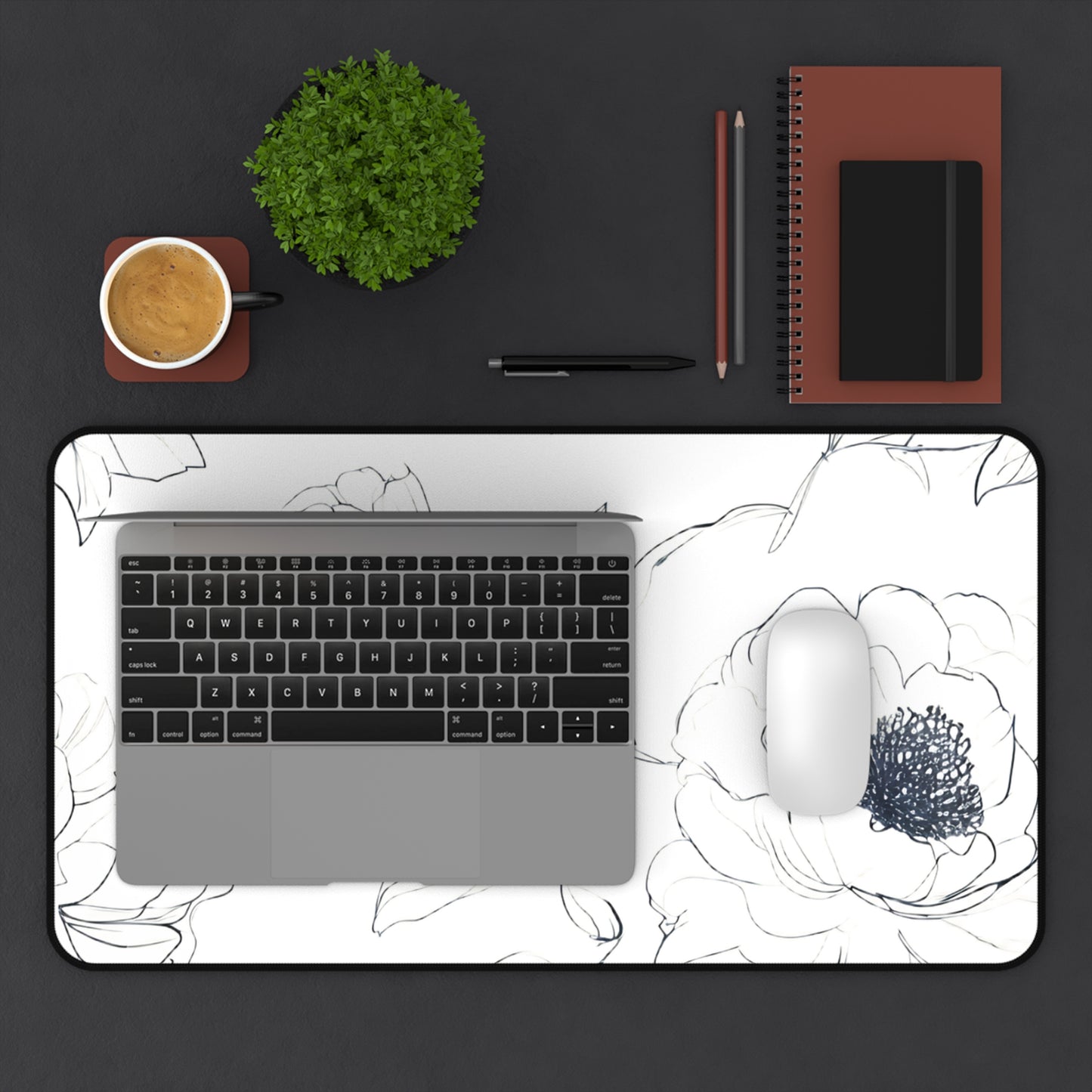 Floral Sketch Desk Mat — Minimal Black & White Blossom Mousepad