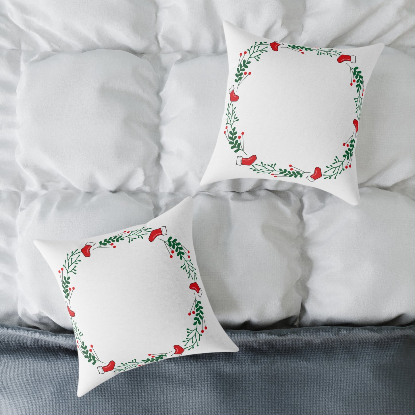 Holiday Holly Corner Square Pillow - Festive Red Berries & Greenery Throw Pillow