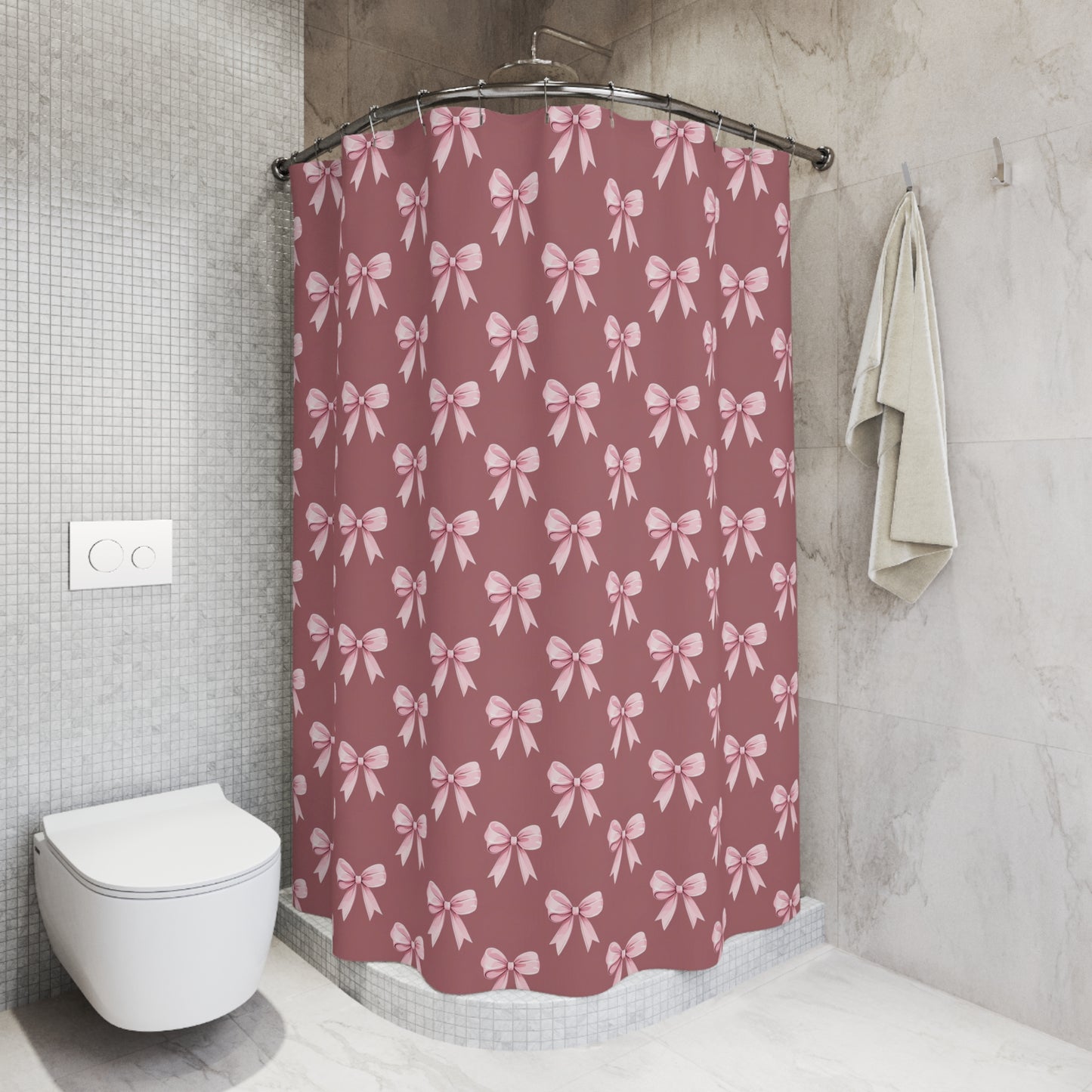 Pink Bow Pattern Shower Curtain — Feminine Floral Bow Bathroom Decor