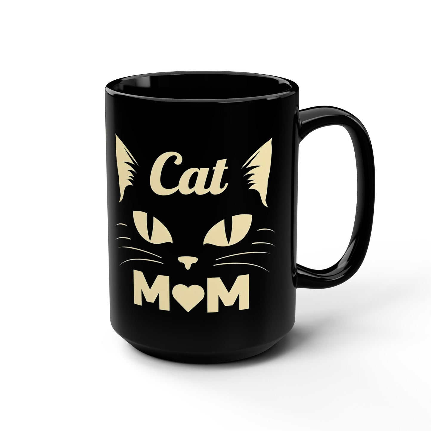 Cat Mom 15oz Black Mug — Cute Cat Face Coffee Cup for Cat Lovers