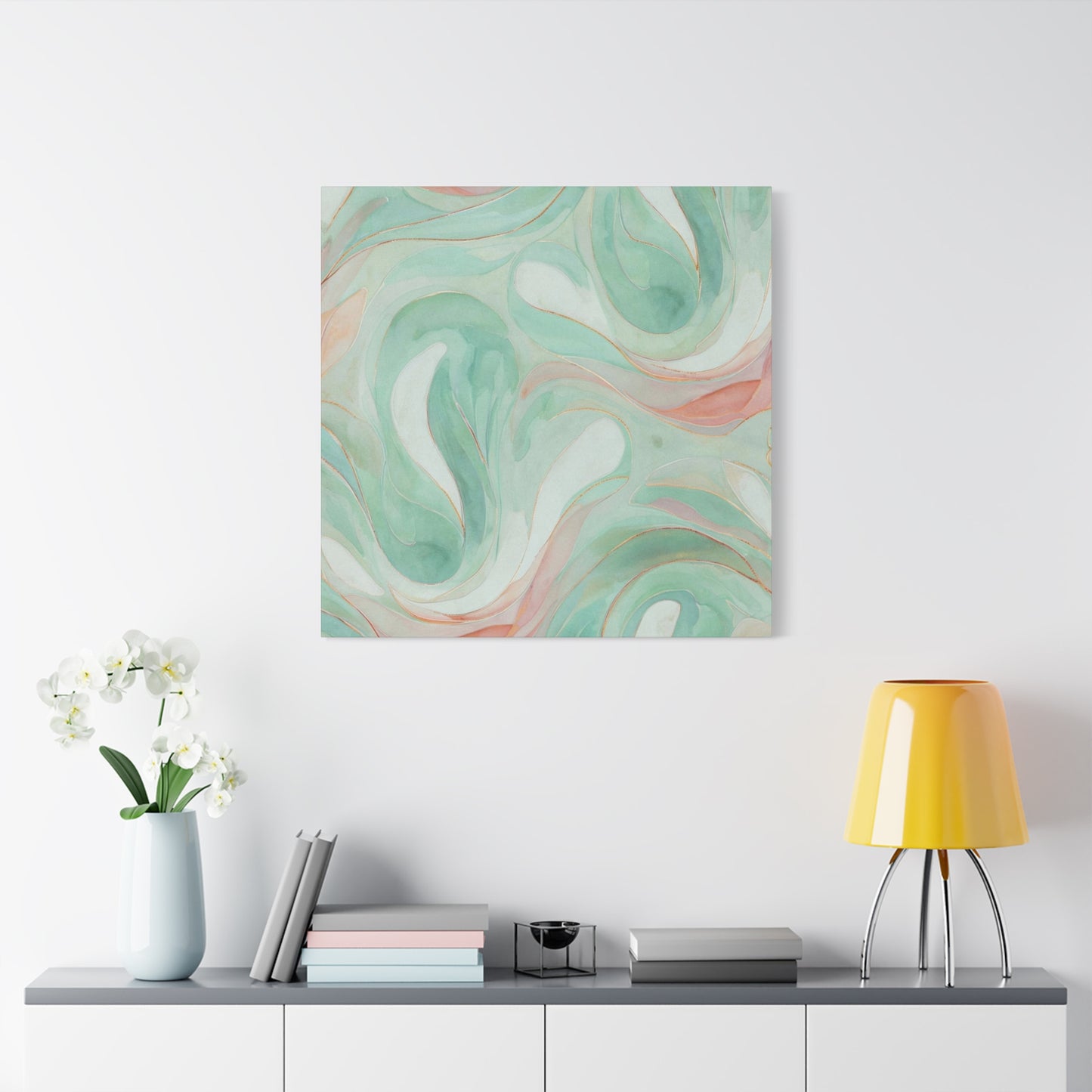 Abstract Green Marble Canvas Print — Teal & Coral Swirl Wall Art