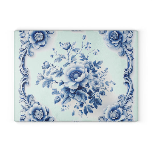 Floral Blue Delft Glass Cutting Board — Vintage Porcelain-Inspired Kitchen Decor