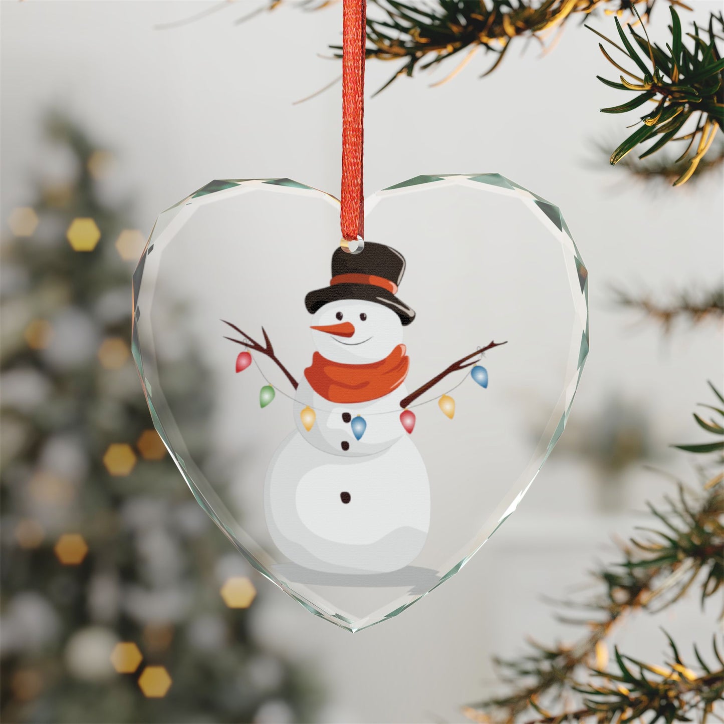 Crystal Ornament — Festive Snowman Heart Glass Ornament