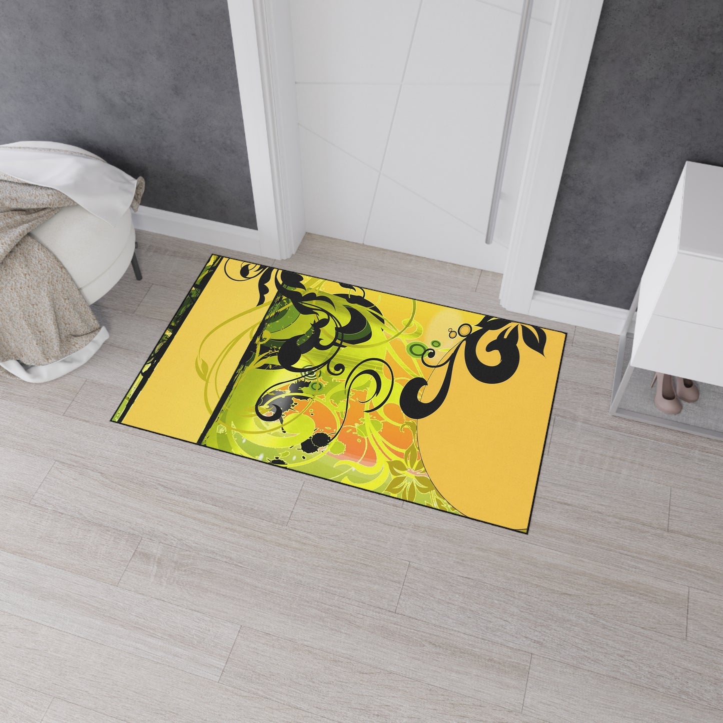 Floral Swirl Heavy Duty Floor Mat — Yellow Green Decorative Entry Rug