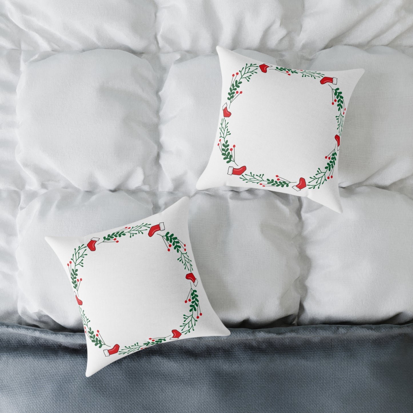 Holiday Holly Corner Square Pillow - Festive Red Berries & Greenery Throw Pillow