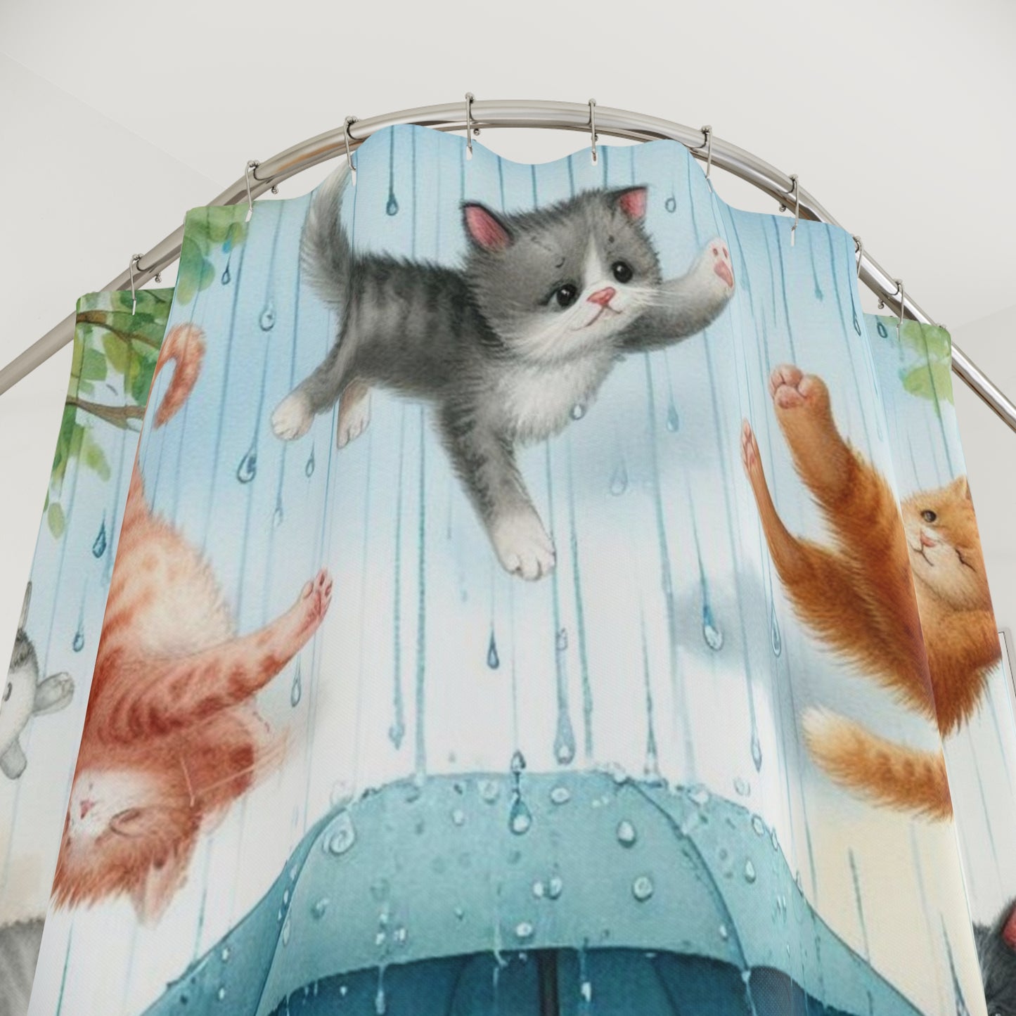 Shower Curtain — Whimsical Kids Rainy Day Cats Shower Curtain (Boy with Umbrella)