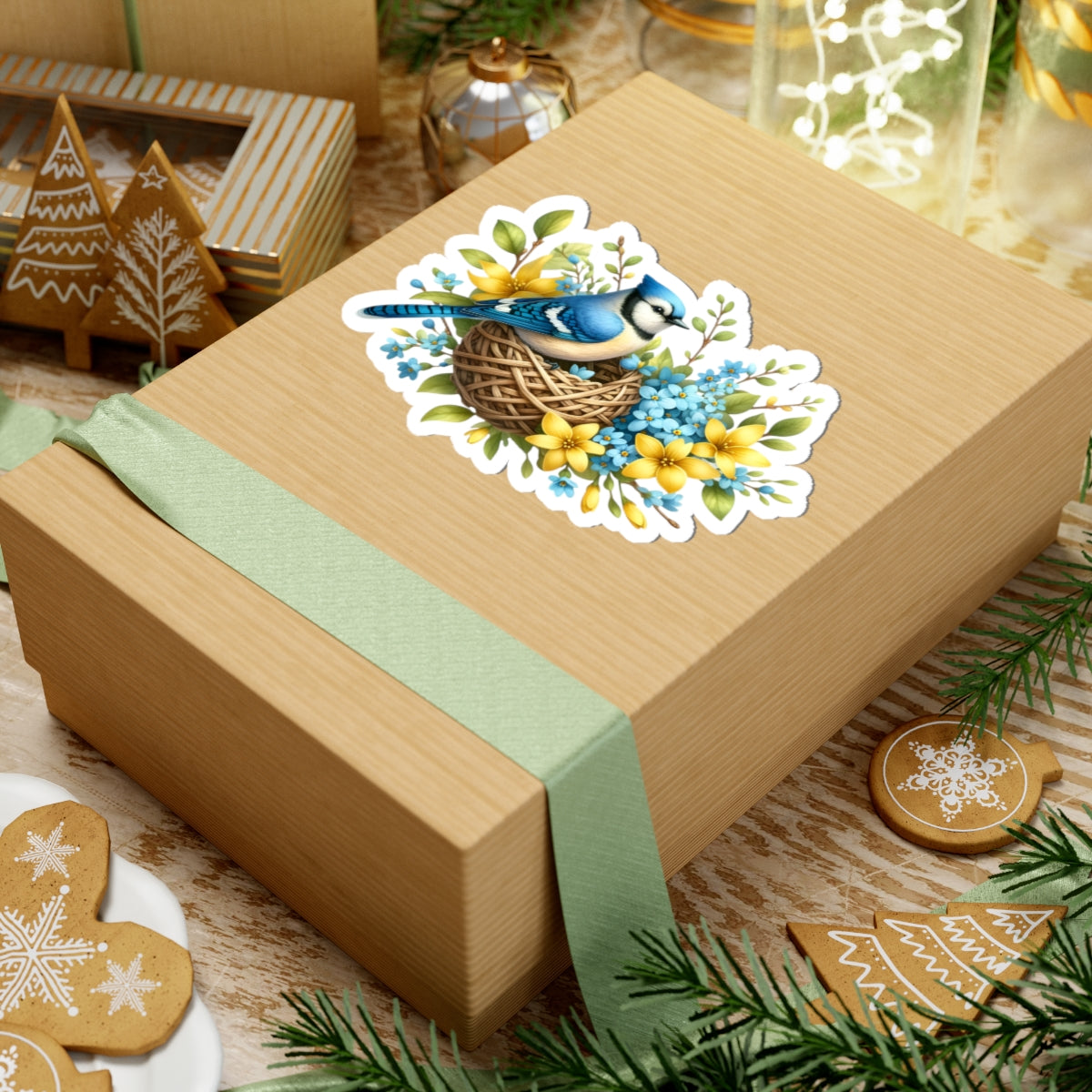 Blue Jay Nest Sticker — Floral Bird Kiss-Cut Vinyl Decal