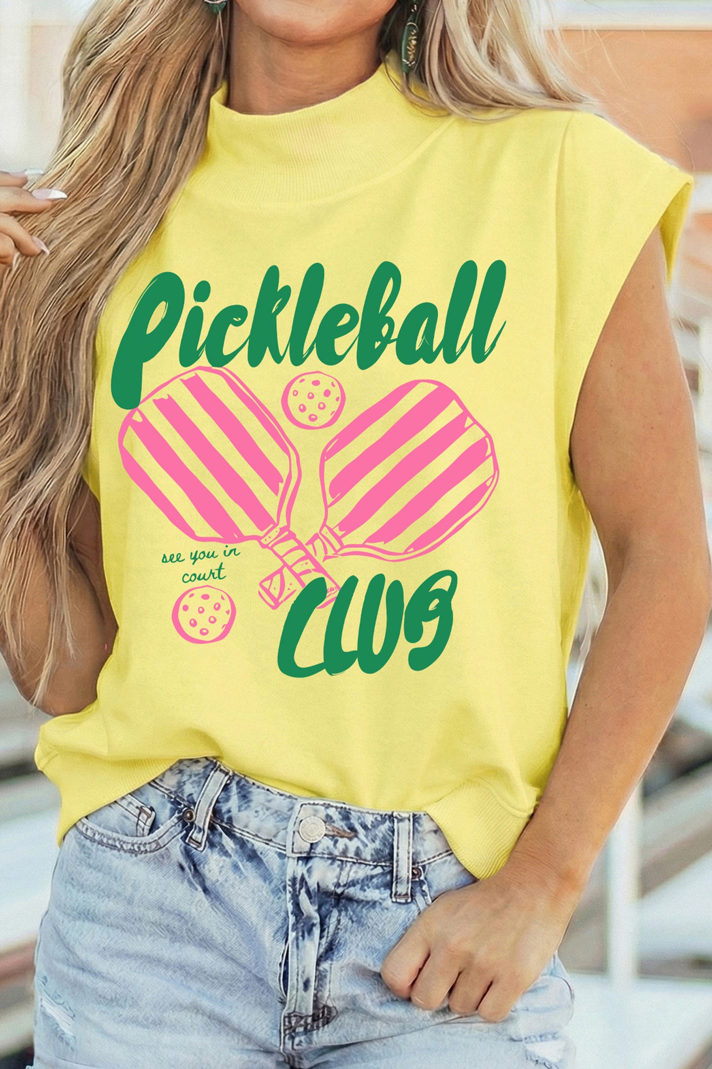 Yellow Pickleball Club Game Day Graphic Mock Neck Top