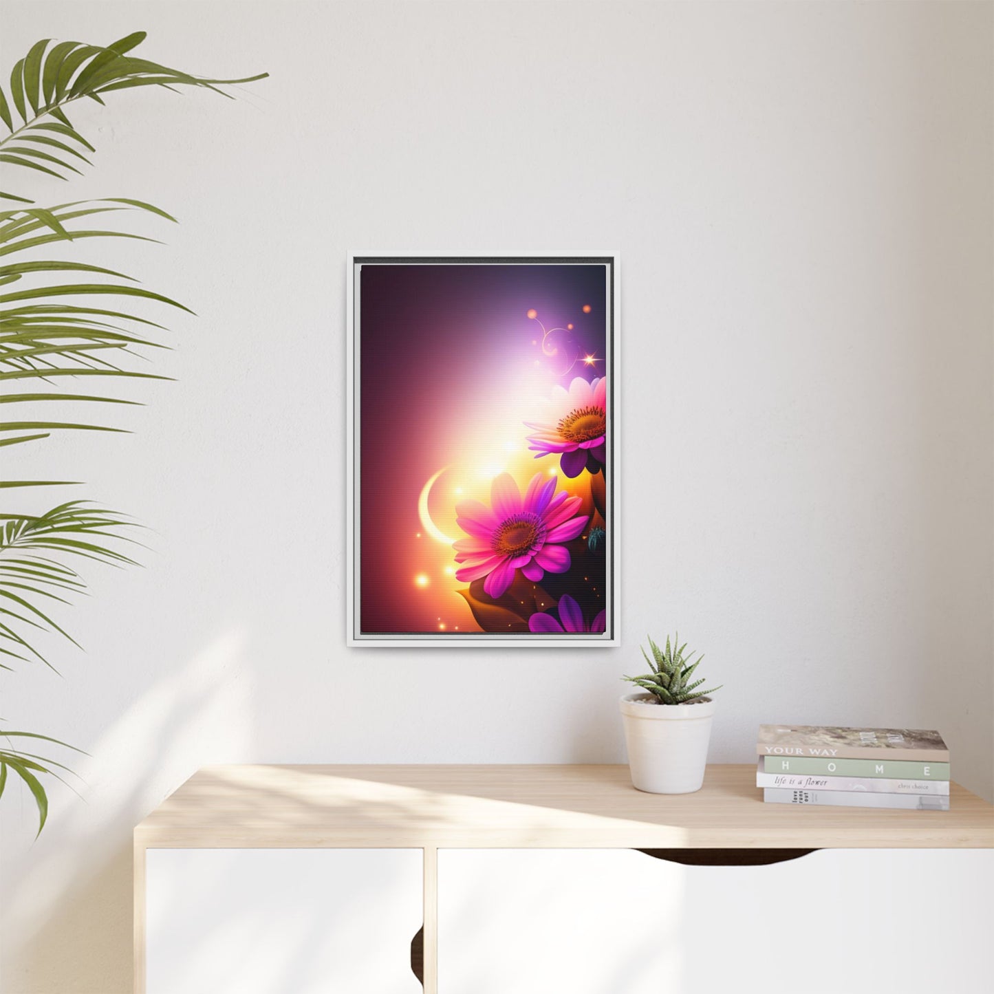 Framed Floral Canvas Art — Pink Daisies Sunset Wall Print