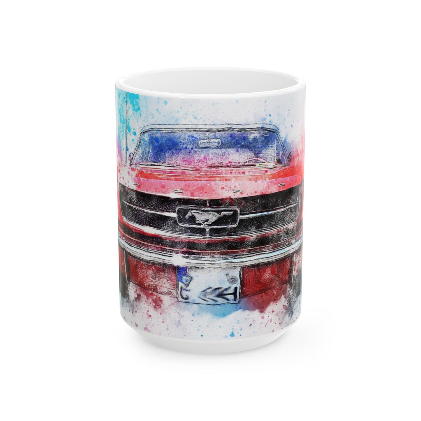 Mustang Front Grill Watercolor Ceramic Mug — Car Enthusiast Coffee Cup (11oz/15oz)
