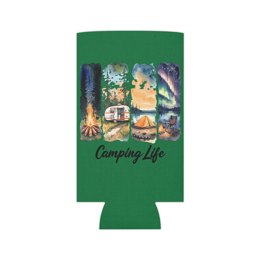 Camping Life Can Cooler – Insulated Beer Cooler with Campsite Watercolor Design