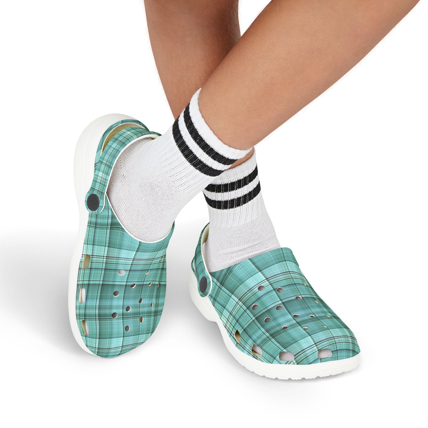 Kids Teal Plaid EVA Foam Clogs — Lightweight Slip-On Sandals for Toddlers & Children