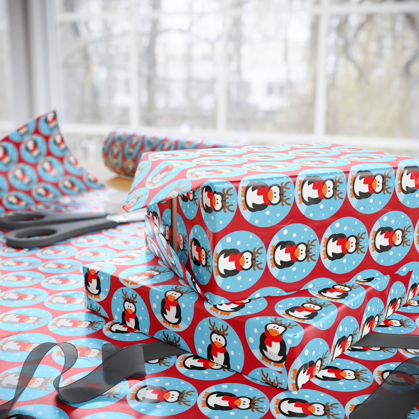 Wrapping Paper Roll — Festive Penguin Pattern Holiday Gift Wrap
