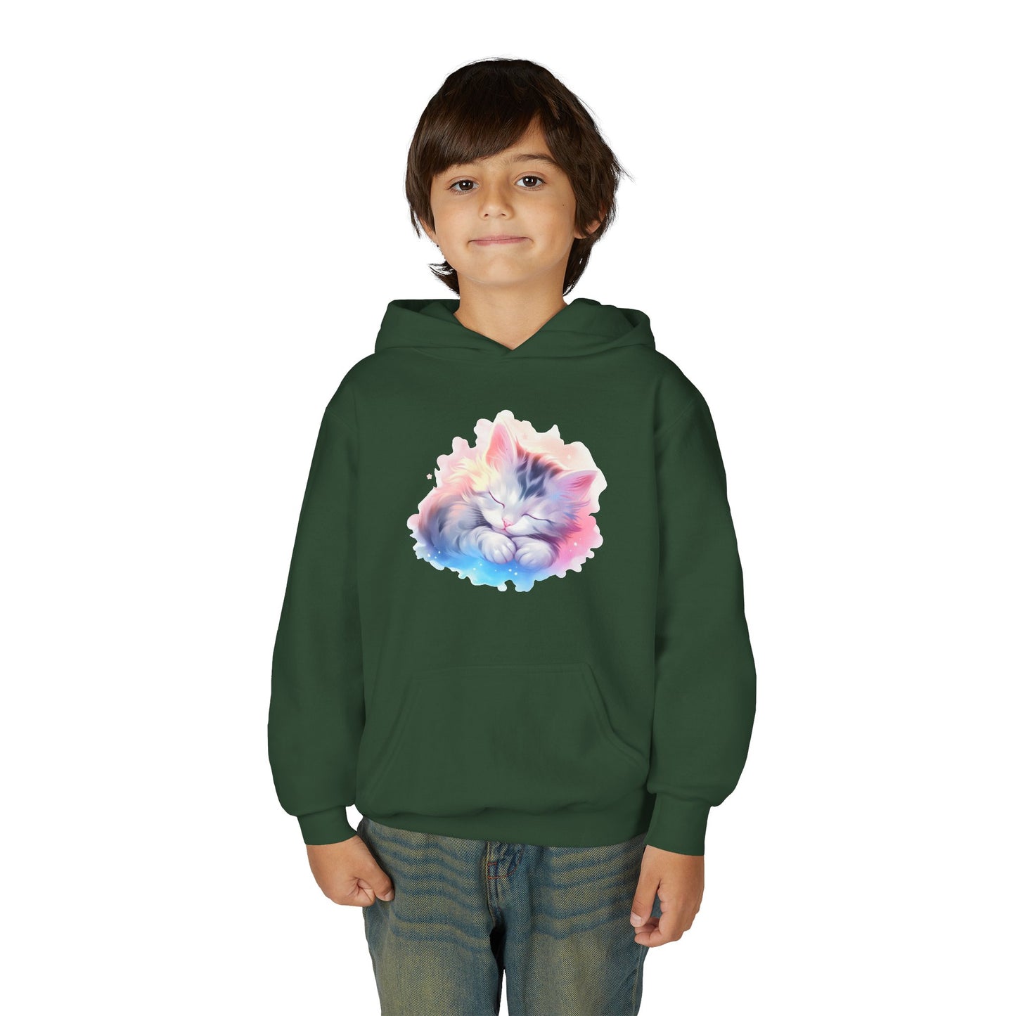 Kids' Cozy Rainbow Kitten Hoodie — Cute Sleeping Cat Youth Sweatshirt