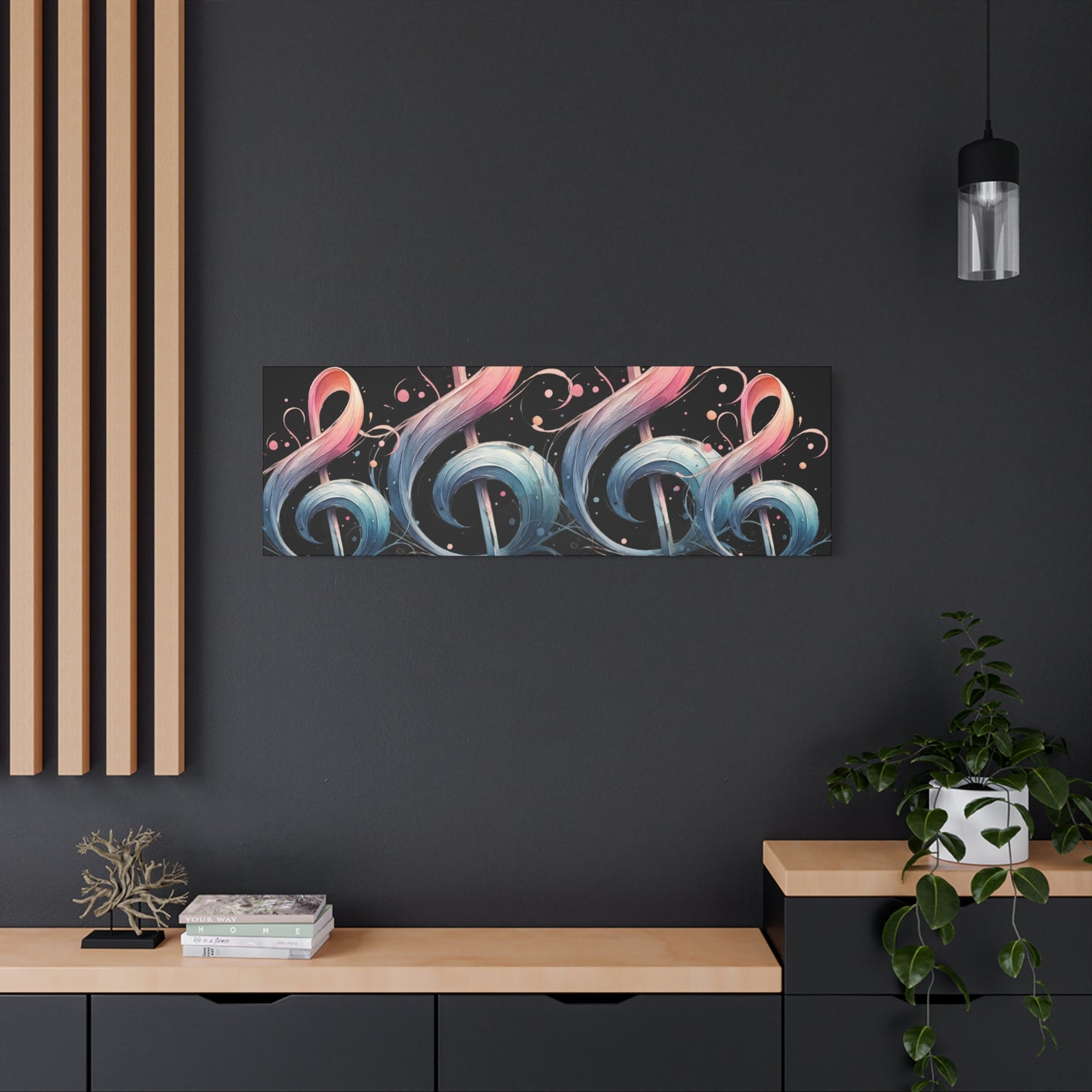 Musical Treble Clef Canvas Wall Art — Pastel Ribbon Notes on Black
