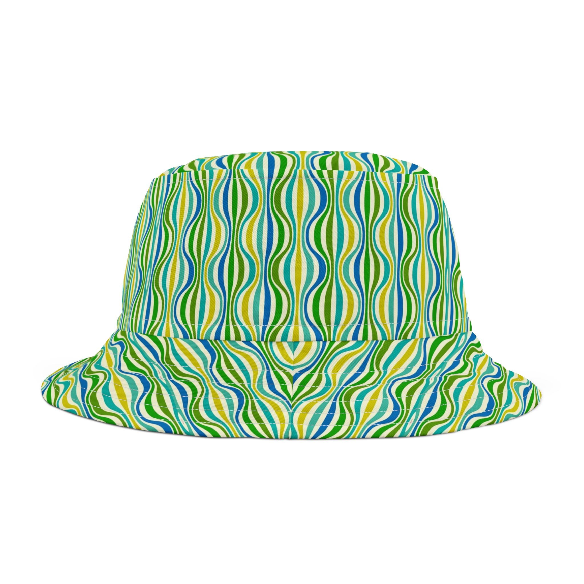 Green Wave Pattern Bucket Hat — Retro Groovy Summer Sun Hat