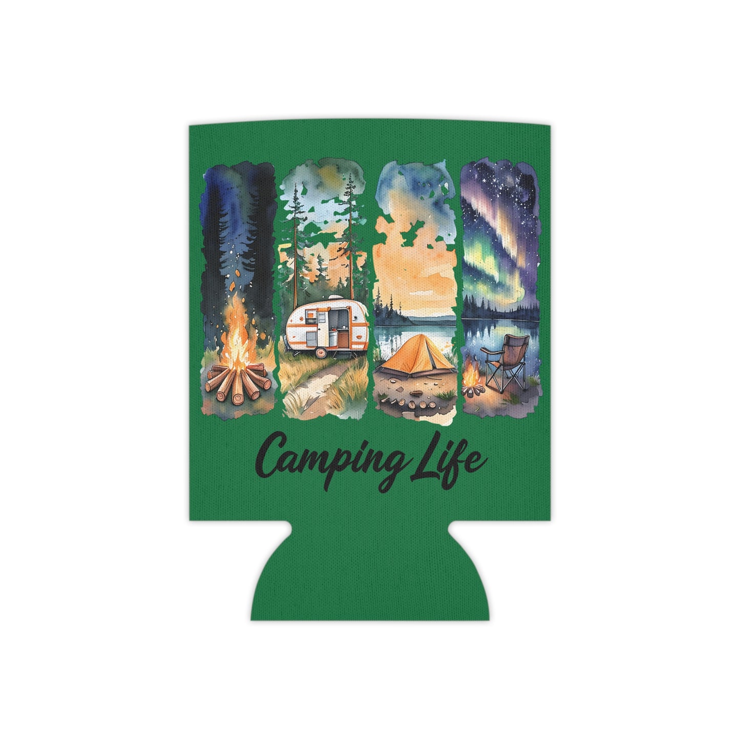 Camping Life Can Cooler – Insulated Beer Cooler with Campsite Watercolor Design