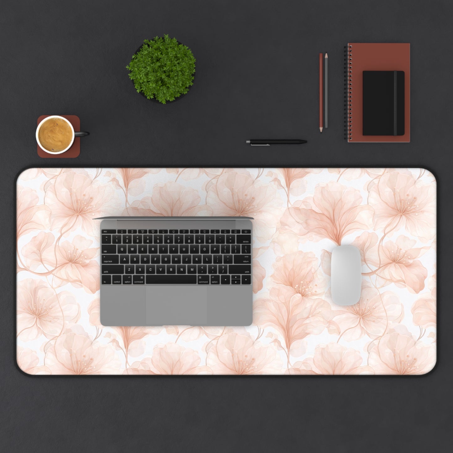 Blush Floral Desk Mat — Soft Pink Ginkgo Leaf Mouse Pad