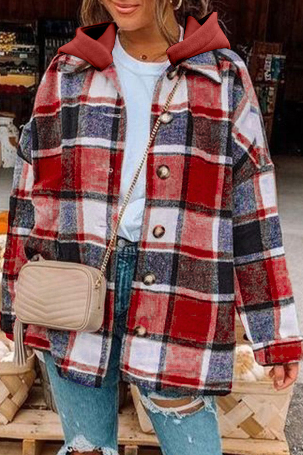 Fiery Red Hooded Plaid Button Front Jacket
