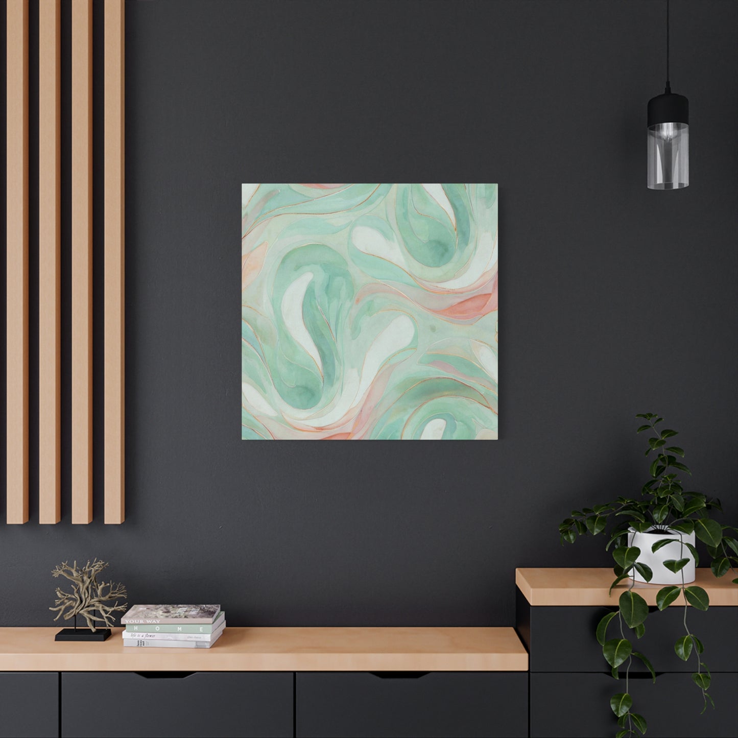 Abstract Green Marble Canvas Print — Teal & Coral Swirl Wall Art