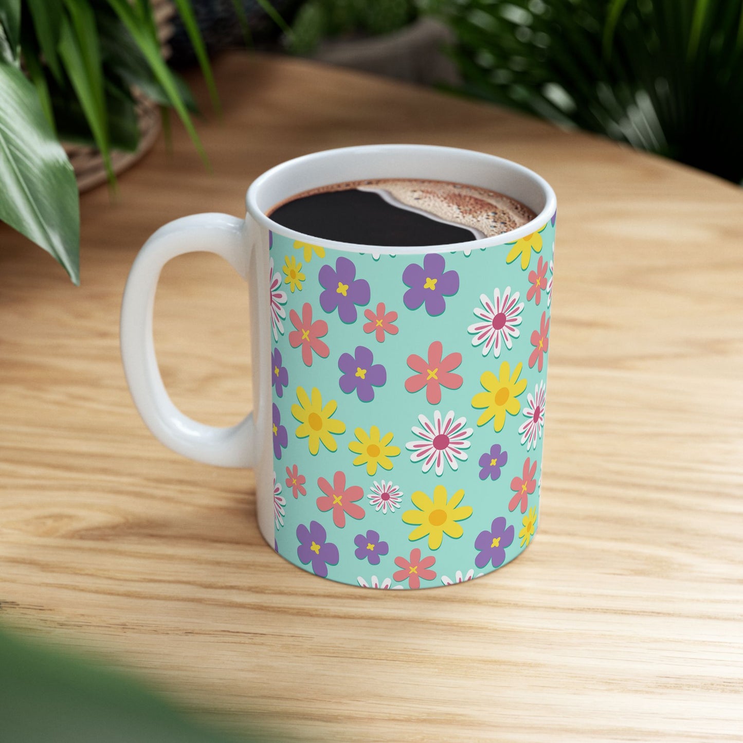 Turquoise Floral Pattern Mug — Colorful Daisy Coffee Cup (11oz & 15oz)