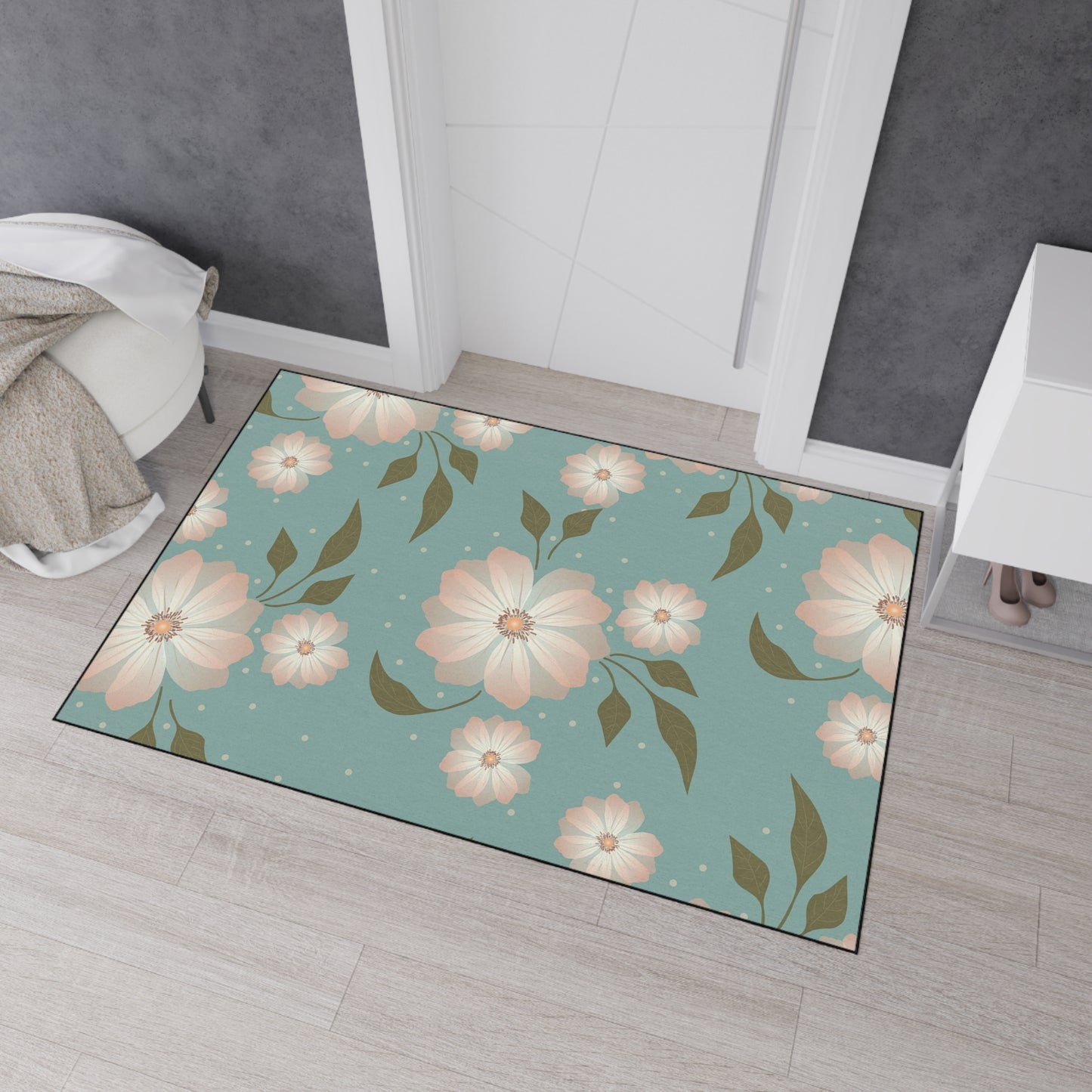 Floral Heavy-Duty Floor Mat — Teal Pastel Blossom Rug for Entryway & Kitchen