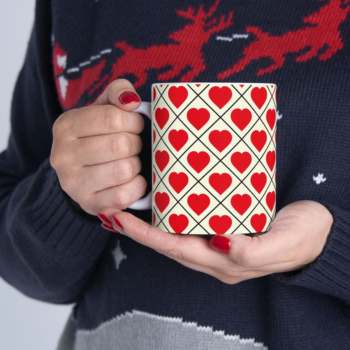 Heart Pattern Ceramic Mug – Red Hearts Grid Coffee Cup (11oz, 15oz)