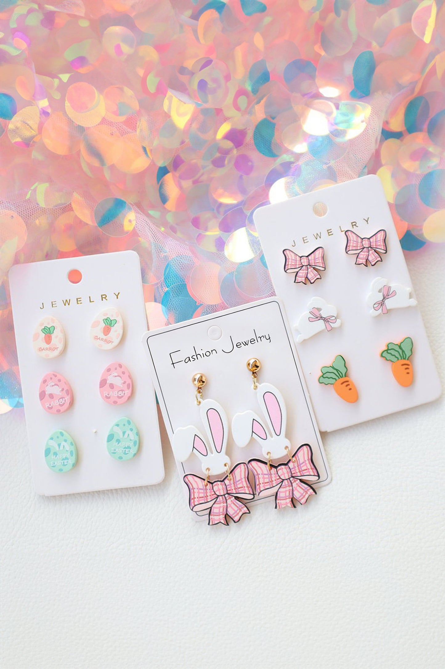 Pink Plaid Bow Easter Bunny Studded Earrings