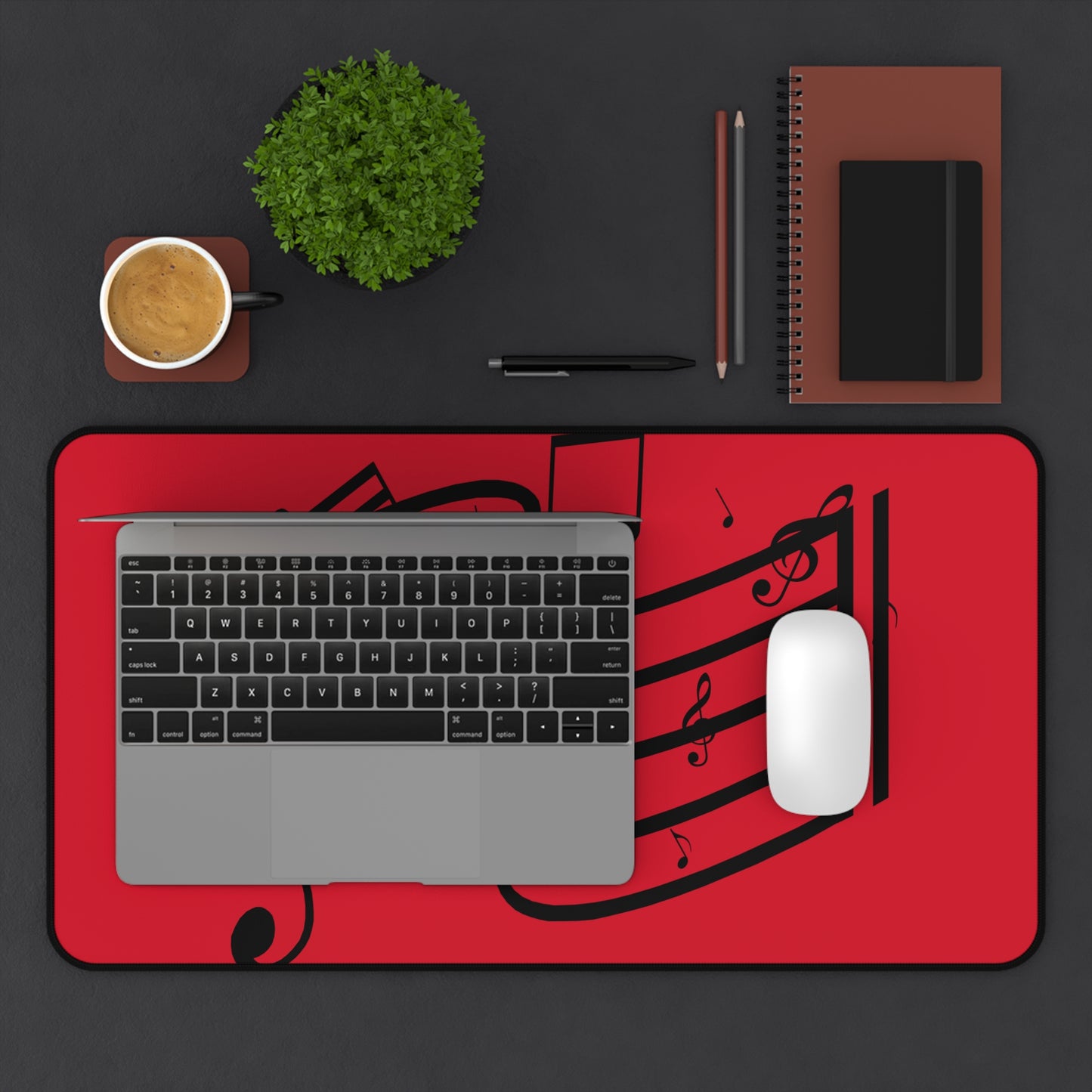 Music Notes Red Desk Mat – Musical Staff Mouse Pad for Musicians & Home Office
