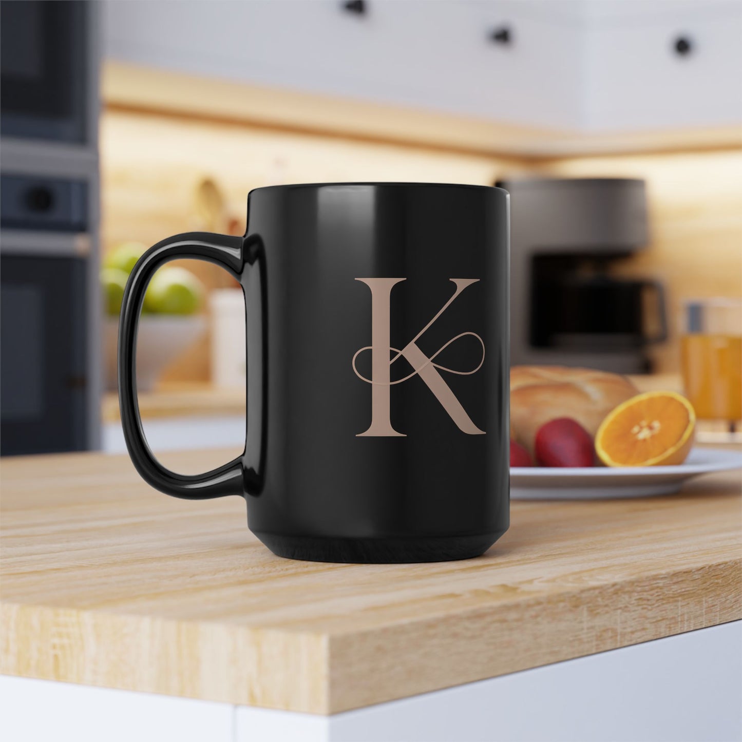 Monogram K Black Ceramic Mug – Elegant Rose Gold Initial Coffee Cup, 15oz