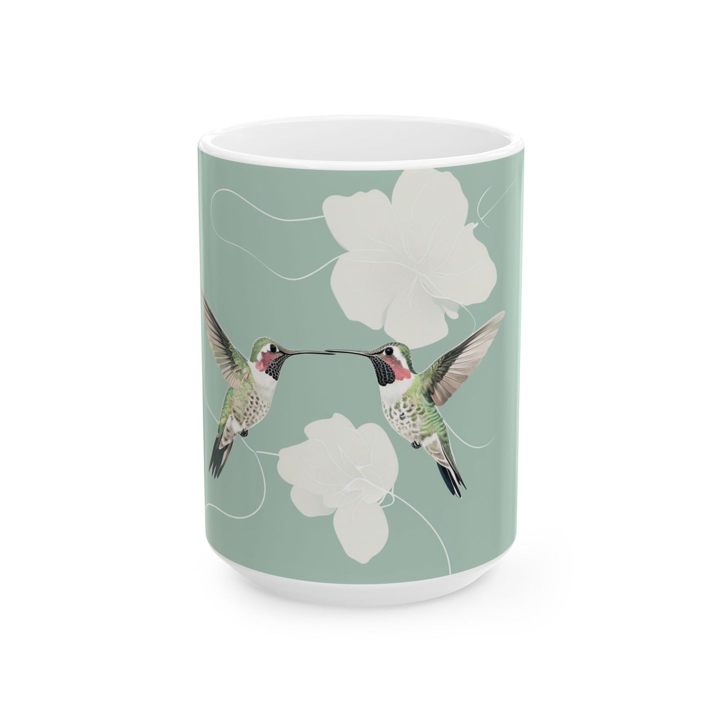 Hummingbird Floral Ceramic Mug – Botanical Mint Coffee Cup (11oz & 15oz)