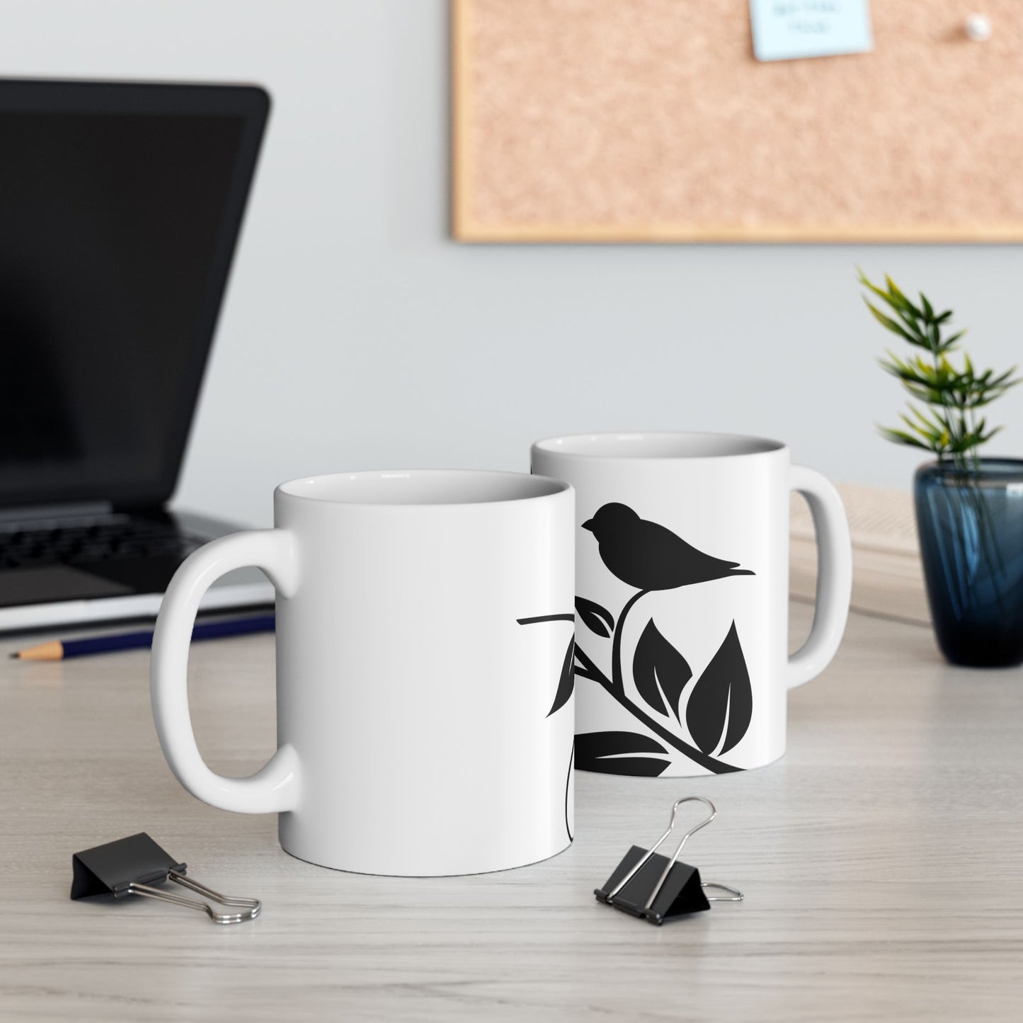 Bird & Branch Ceramic Mug — Black Silhouette Coffee Cup (11oz, 15oz)