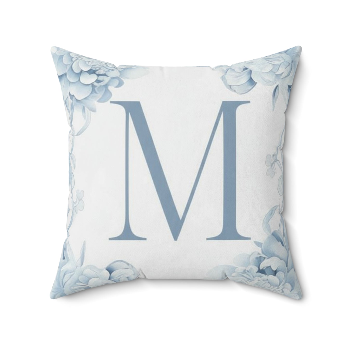Monogram M Floral Pillow — Blue Initial Throw Pillow with insert