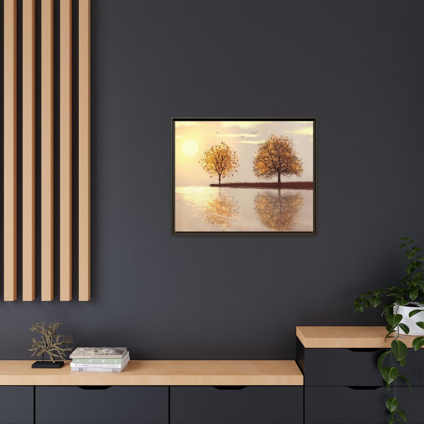 Framed Matte Canvas Wall Art — Golden Autumn Trees Reflection