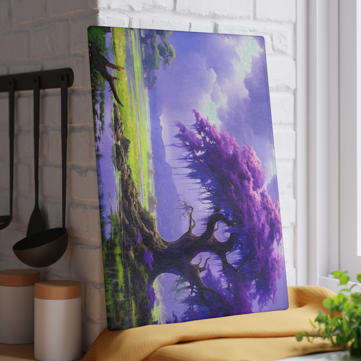 Purple Fantasy Tree Glass Cutting Board — Decorative Kitchen Glass Chopping Board