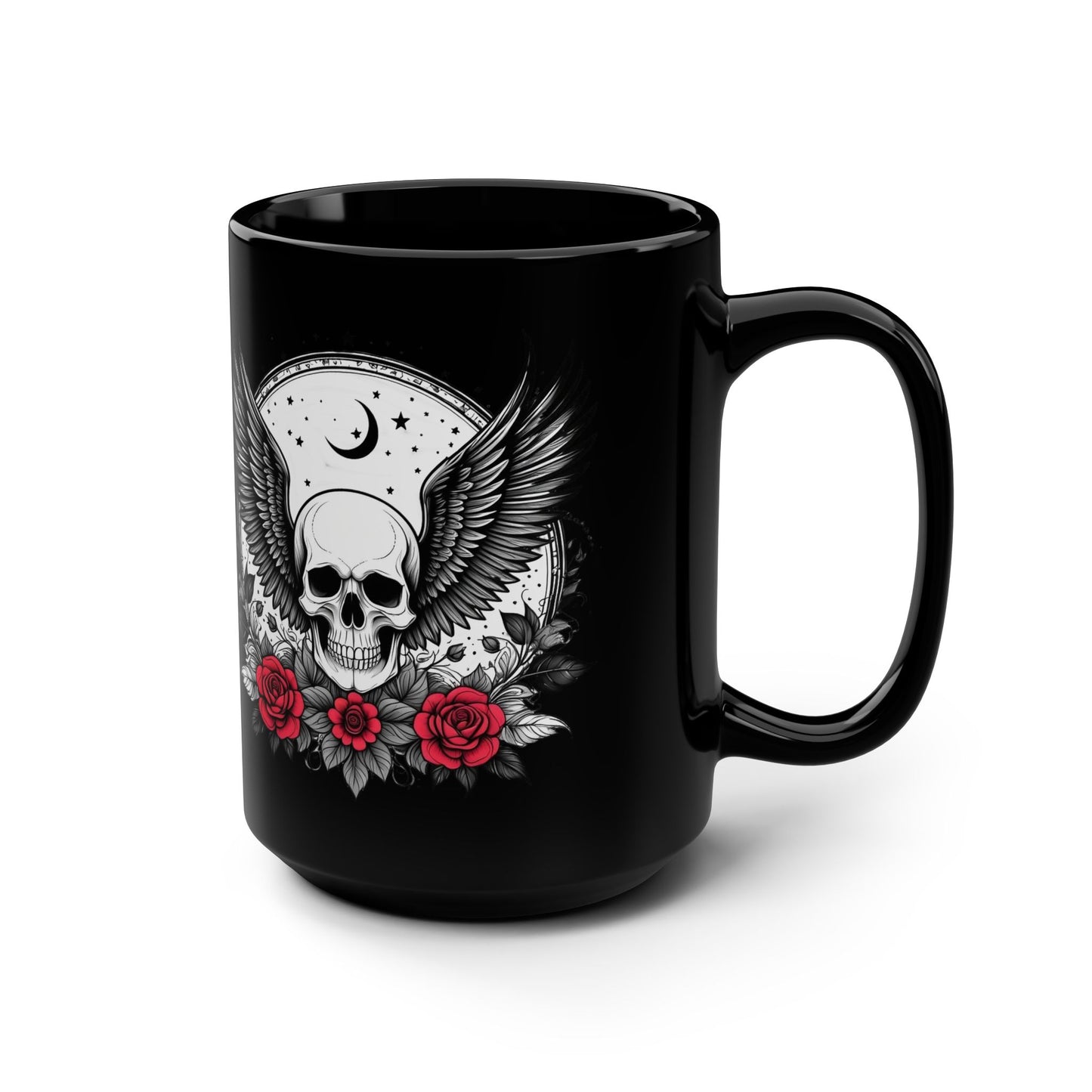 Black Skull & Roses Mug — 15oz Gothic Coffee Cup with Wings and Moon Design