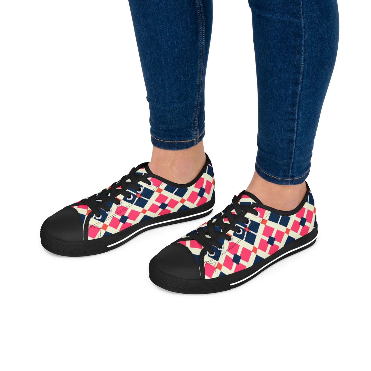 Argyle Pattern Low Top Sneakers — Pink Navy Geometric Casual Shoes
