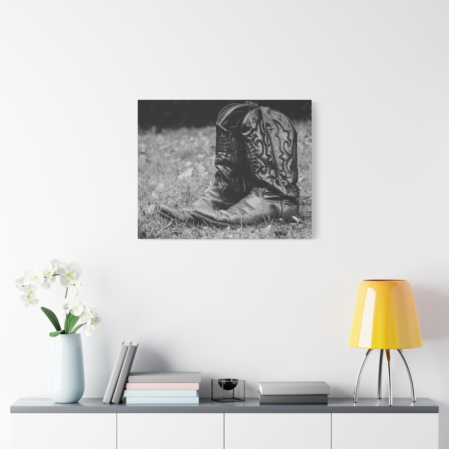 Western Cowboy Boots Matte Canvas Wall Art – Black & White Rustic Country Decor