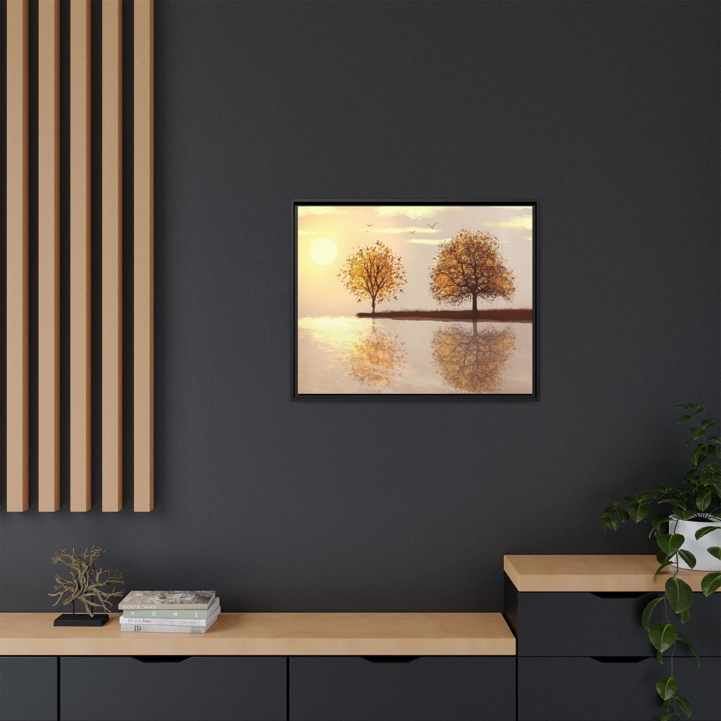 Framed Matte Canvas Wall Art — Golden Autumn Trees Reflection