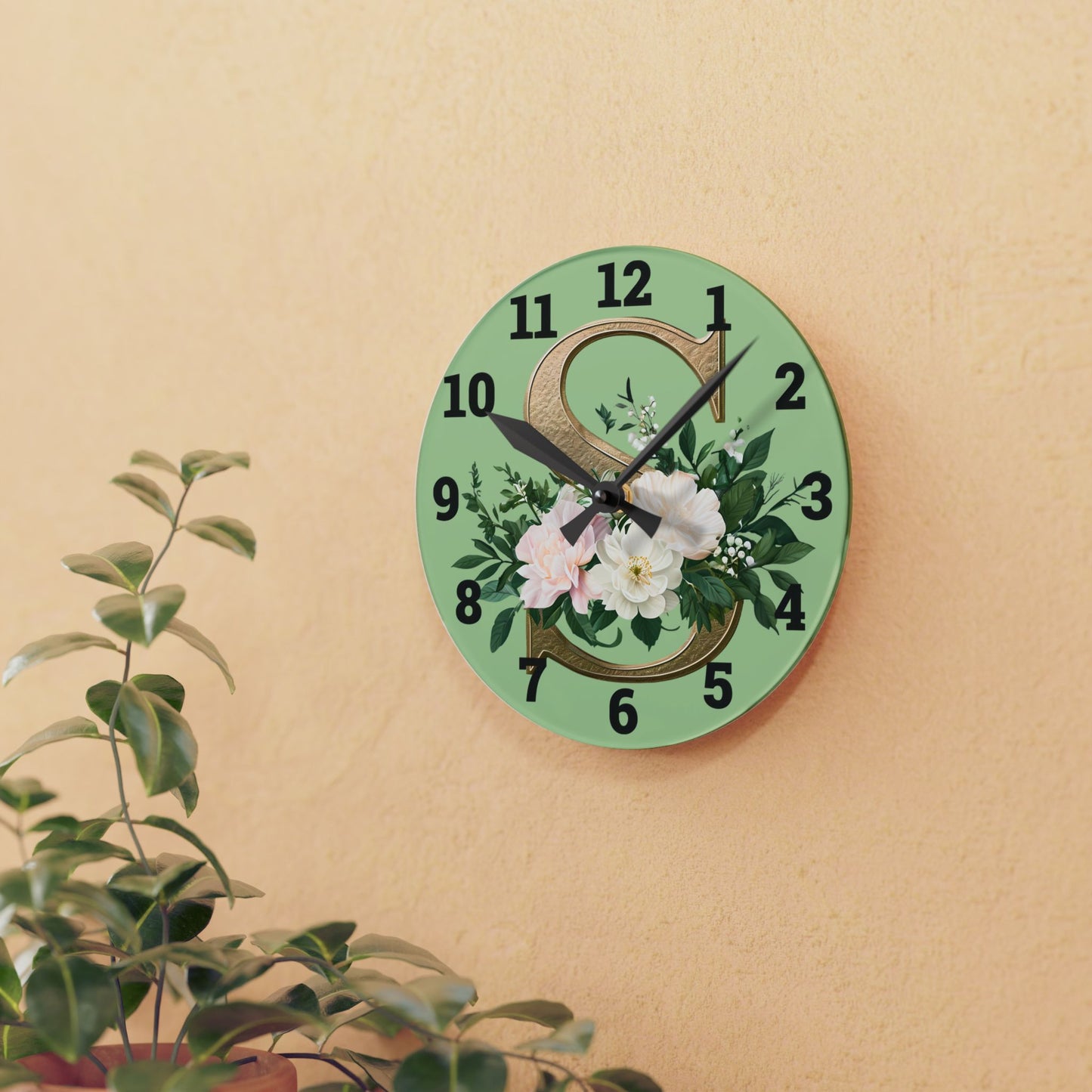 Floral Initial Acrylic Wall Clock, Elegant Home Décor - Letter S
