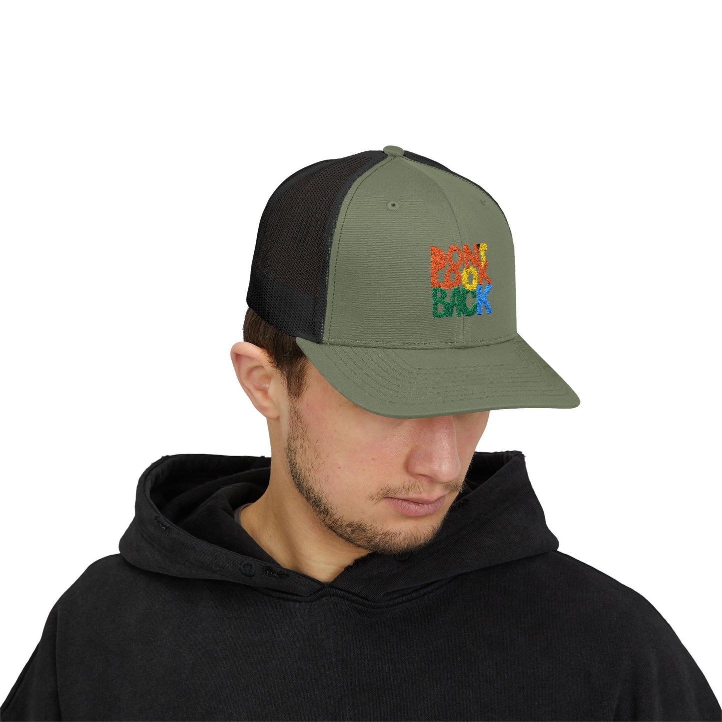 Don’t Look Back Snapback Trucker Cap — Retro Rainbow Embroidered Hat