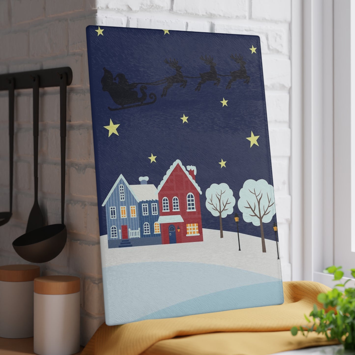 Santa Sleigh over Snowy Village Glass Cutting Board Christmas Kitchen Decor