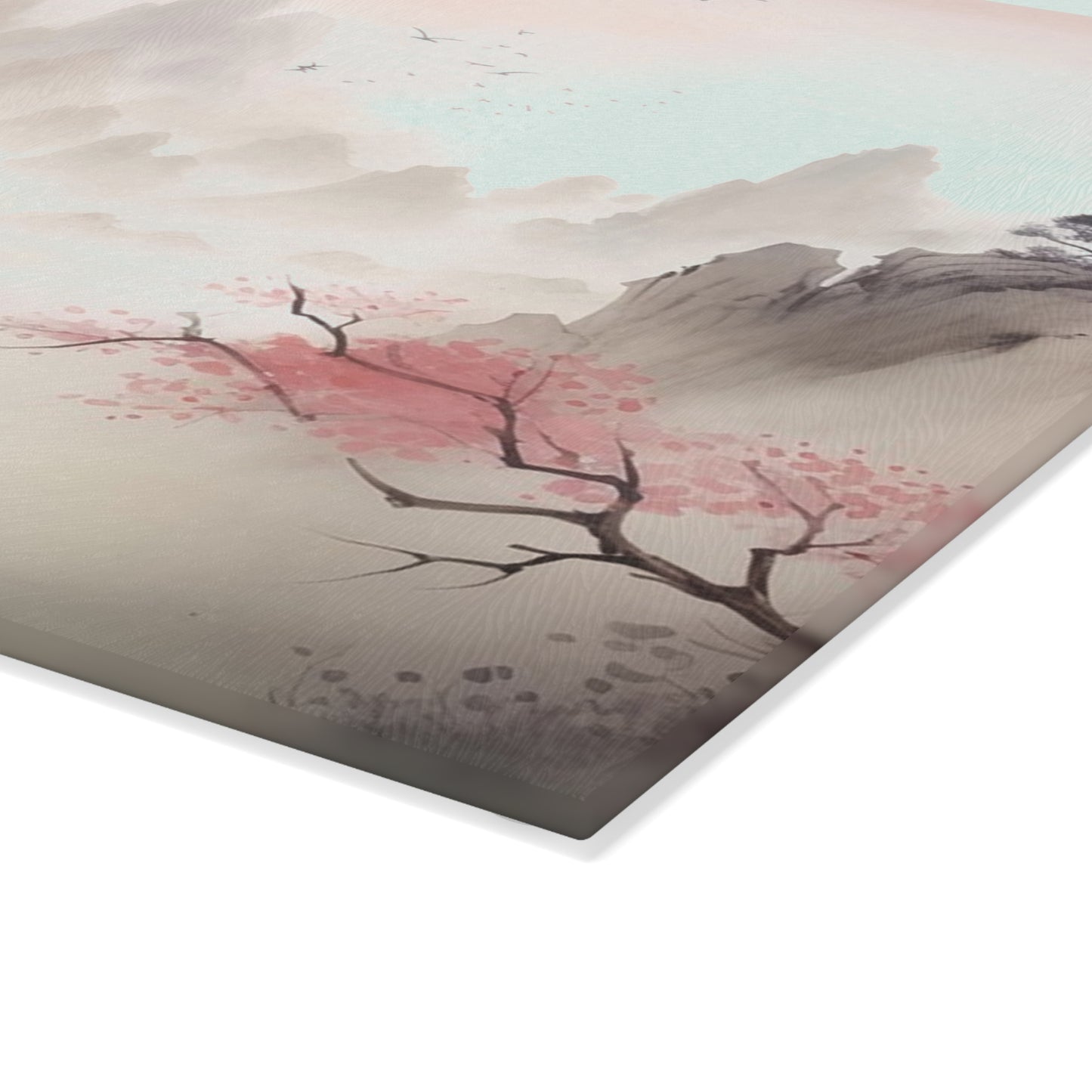 Glass Cutting Board — Pastel Japanese Landscape with Cherry Blossoms