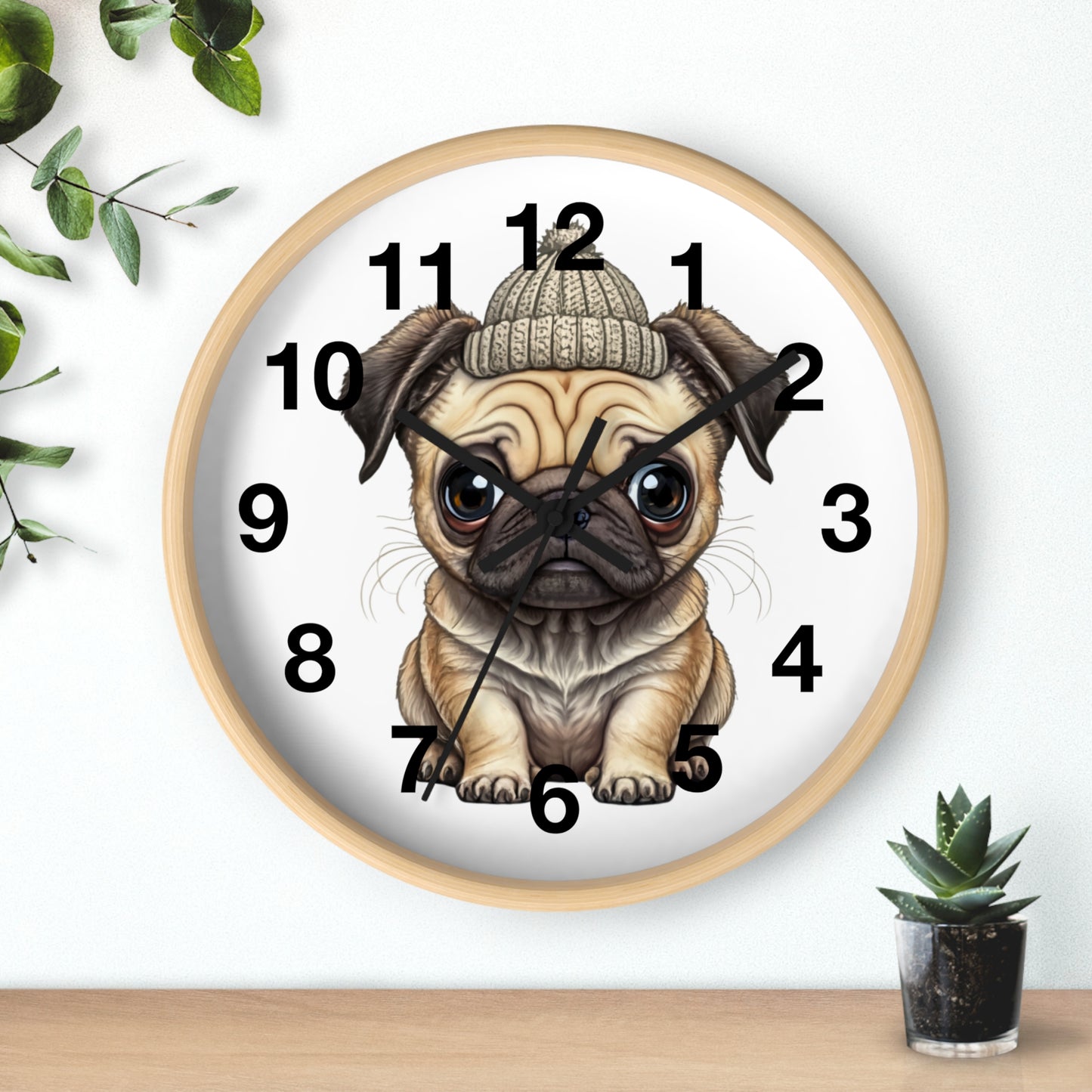 Cute Pug Wall Clock — Adorable Pug Puppy in Beanie Decorative Clock for Dog Lovers