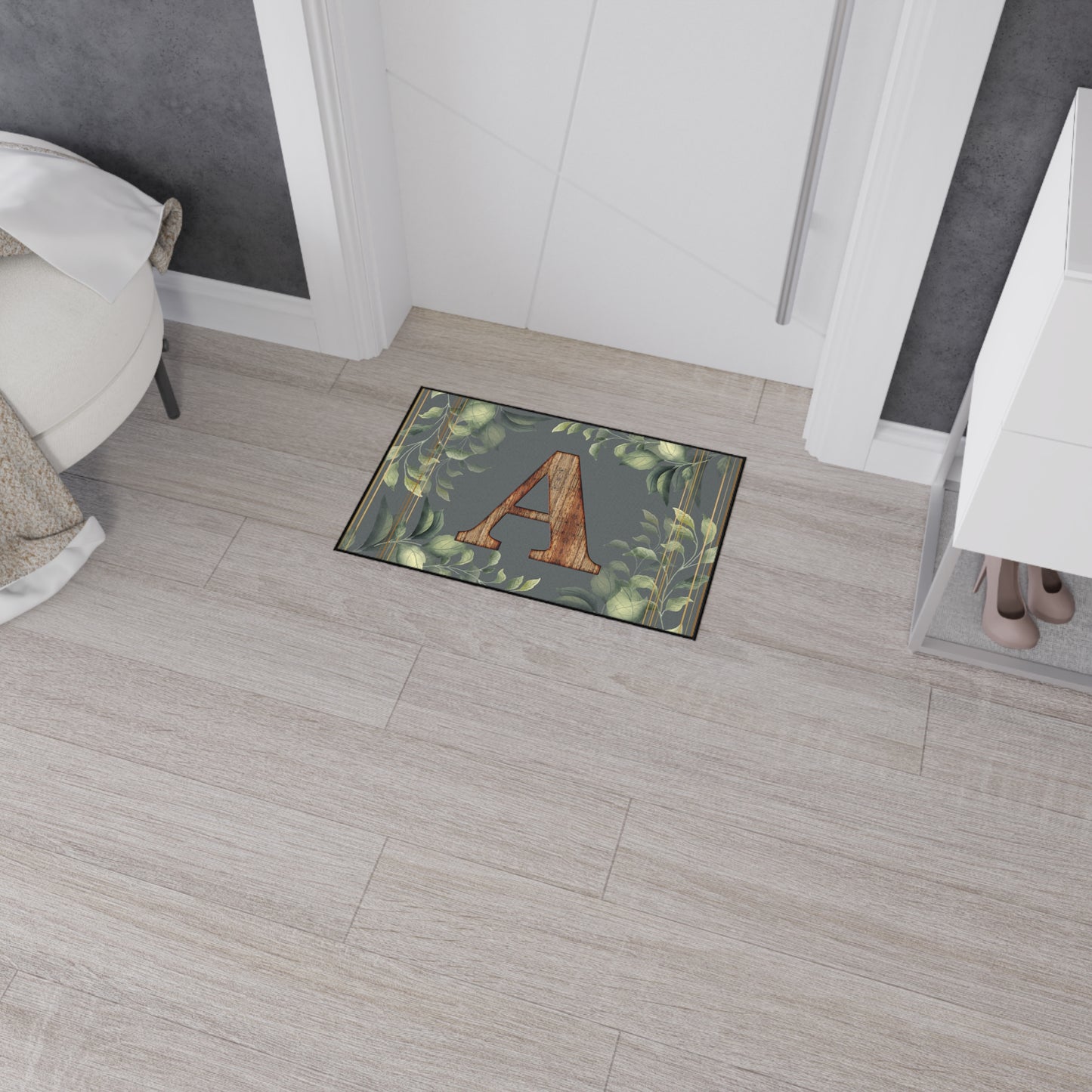 Personalized Monogram Floor Mat - Rustic Wood 'A' with Greenery Welcome Rug - Letter A
