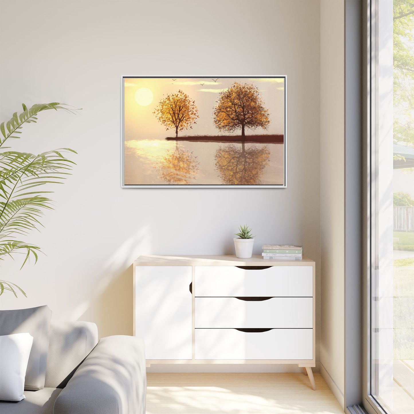 Framed Matte Canvas Wall Art — Golden Autumn Trees Reflection