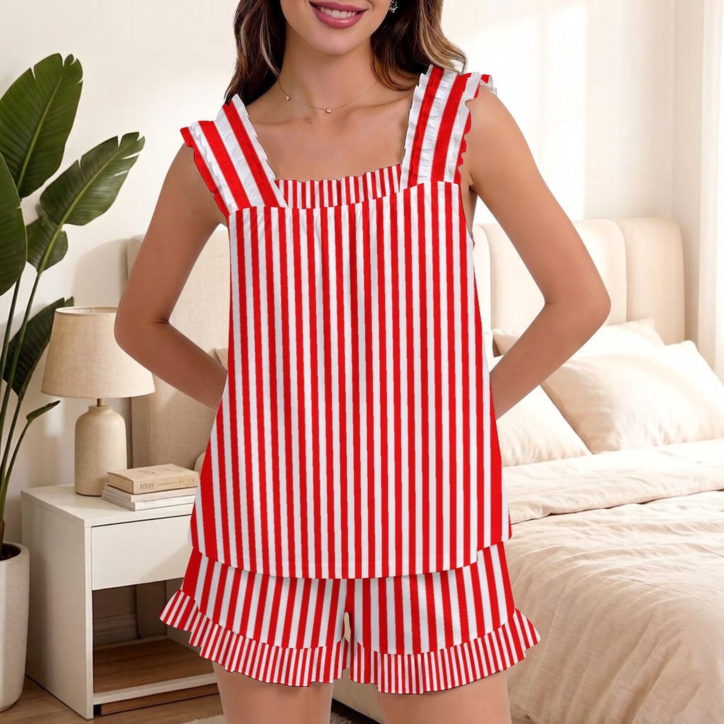 Ruffled Pajama Set - Red Stripes