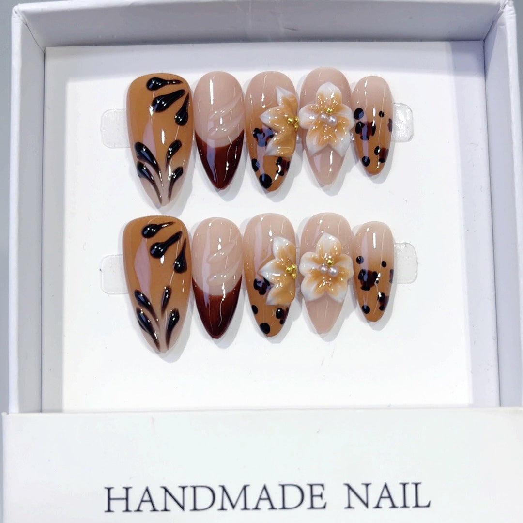 Amber Bloom: "Leopard & Flower" – Long Almond Handmade Press On Nails – Image 2