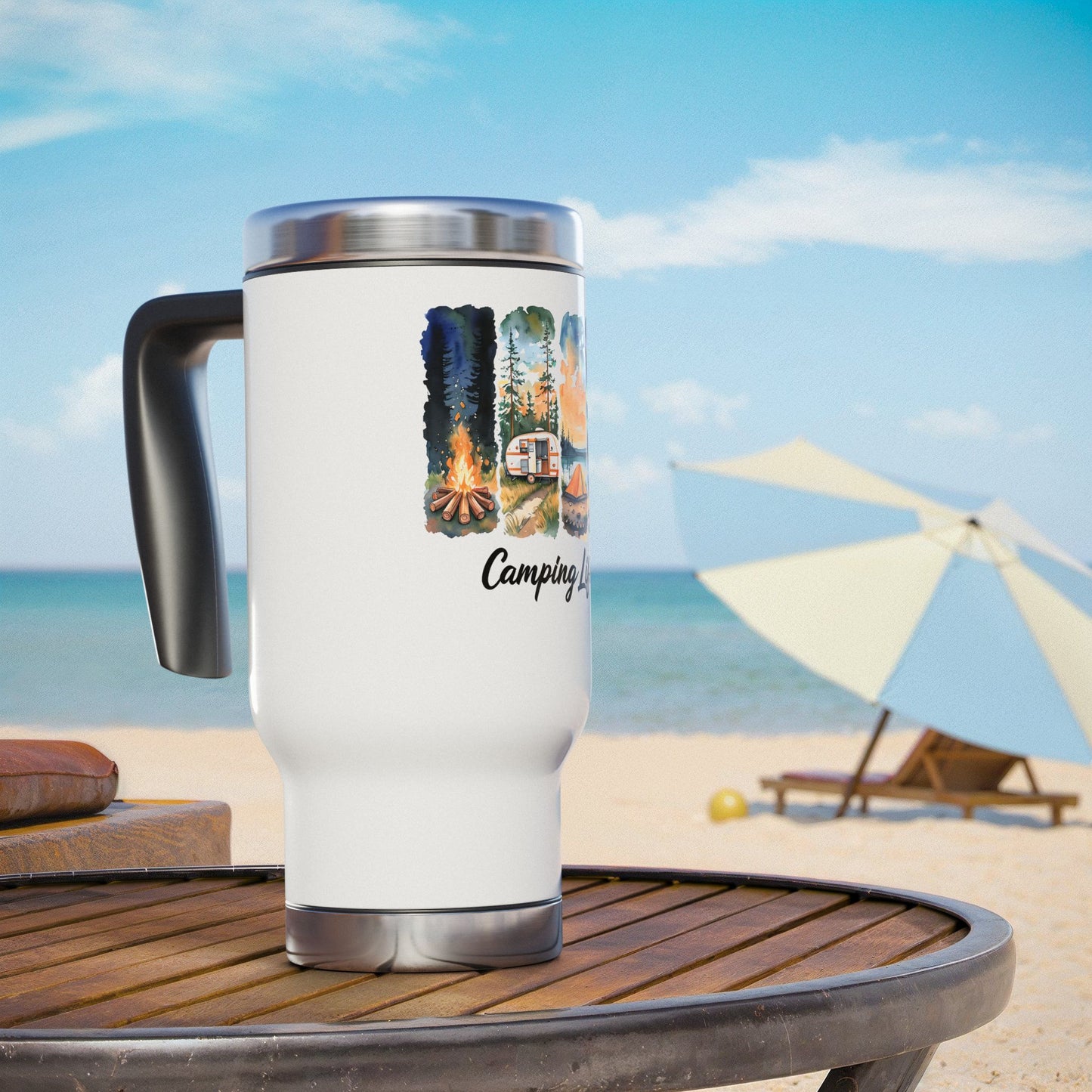 Camping Life Stainless Steel Travel Mug – 14oz Insulated Handle Mug
