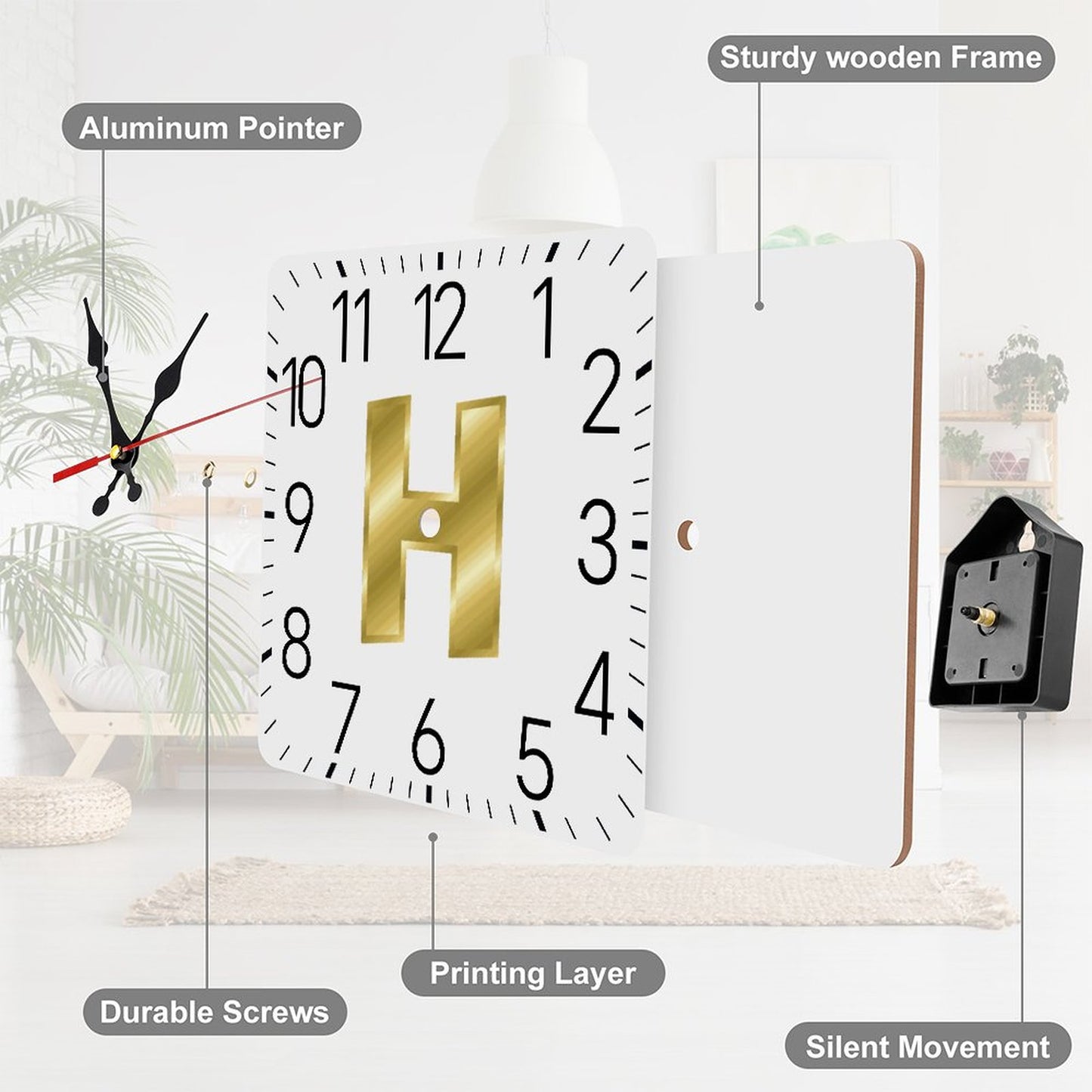 Square Wall Clock-9.8"x9.8"/25x25cm - Letter H
